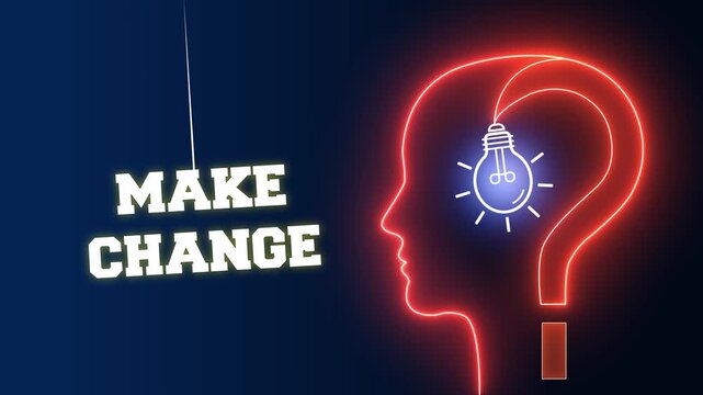 Make change text sign swinging on a vibrant red neon background with a glowing human head profile and light bulb for mental transformation and new ideas
