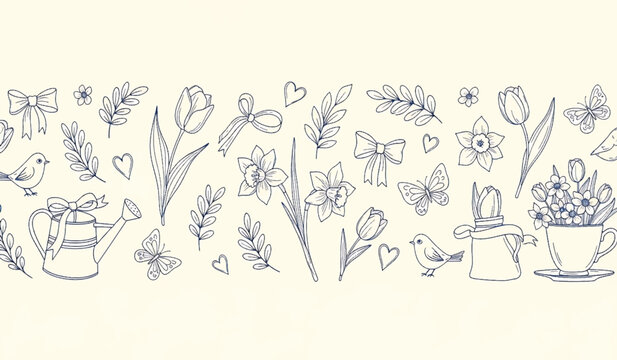 Whimsical Spring Blue Line Border Design