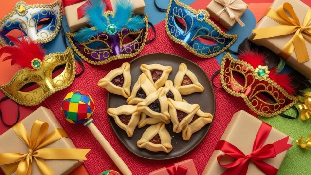 Purim festive masks and treats arranged for celebration