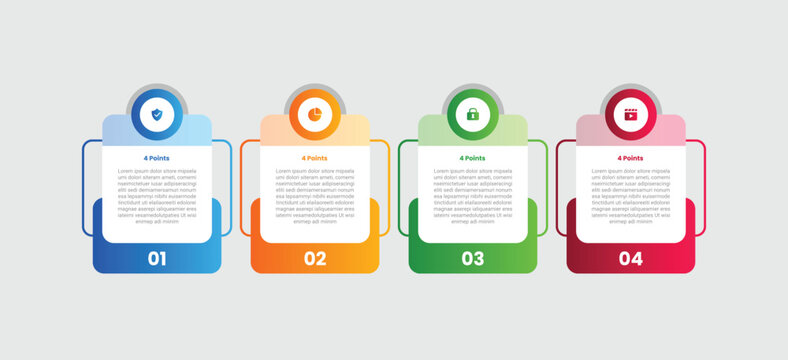 4 points infographic with gradient style with round rectangle box with circle badge on top with self line connection with 4 elements stages