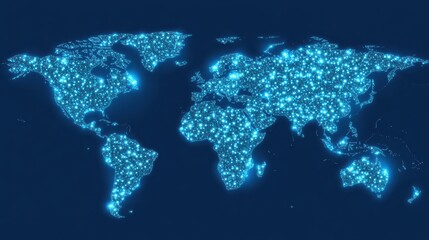 Global Digital Connectivity World Map Background with Glowing Blue Data Points for International Business and Technology Concepts
