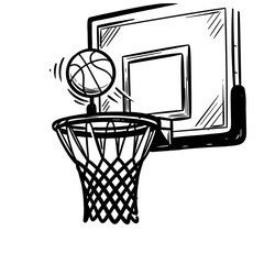 Hand-drawn sketch of a basketball going through a hoop with net © purnama
