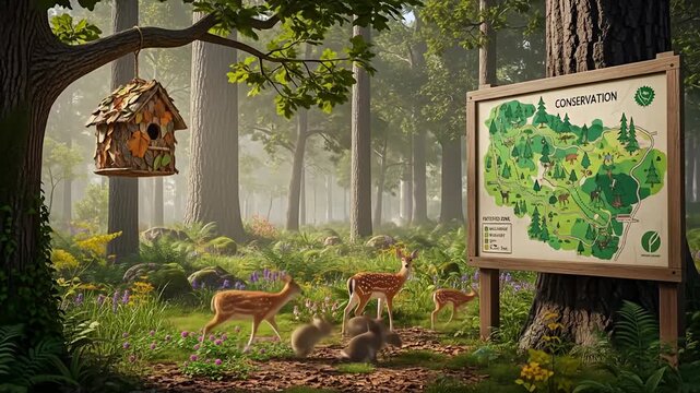 A serene forest scene depicting a birdhouse, wildlife, and a conservation map in a lush setting