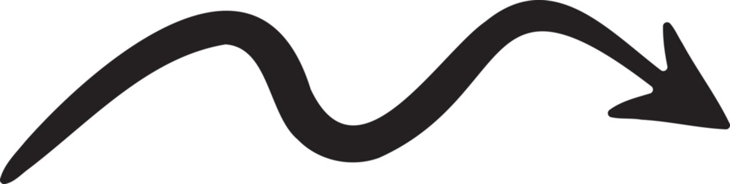 Wavy black hand drawn arrow pointing right on isolated background