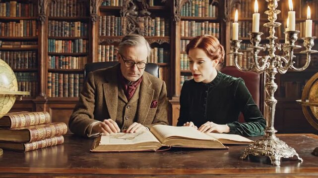 Couple studying old books in grand historical library with globes