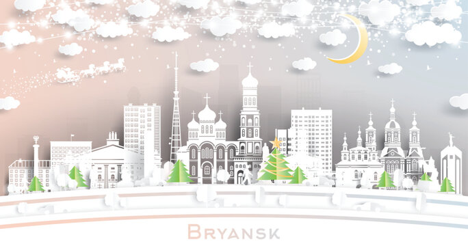 Bryansk. Russia. Winter city skyline in paper cut style with snowflakes, moon and neon garland. Christmas and new year. Santa Claus on sleigh. Bryansk cityscape with landmarks.