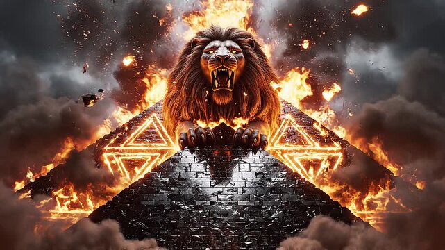 Lion burning flames dark sky roar.