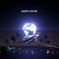 Fototapeta premium Earth Hour illustration with glowing Earth, homes, and trees