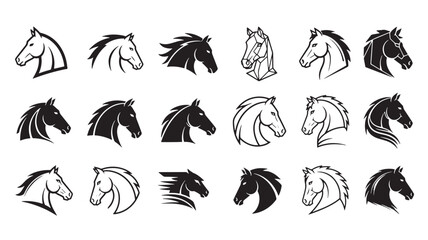 Horses iconic silhouettes in diverse artistic styles showcasing profiles with flowing manes in black and white vector art © Harry 