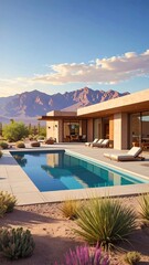 Fototapeta premium Modern desert home with pool and mountain view