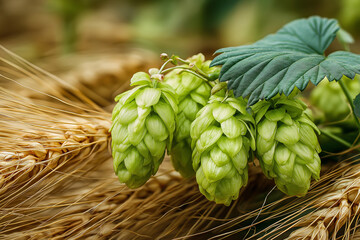 Naklejka premium Vibrant green hop cones nestled among golden wheat in a sunlit field Generative AI
