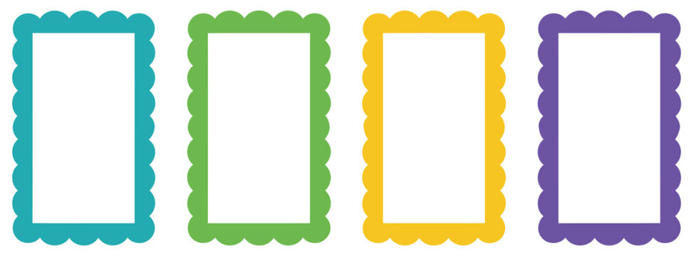 Rectangle, frames with wavy edges featuring zigzag designs, photo frames and text box elements, modern flat vector illustration collection for creative layouts, digital design