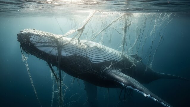 Humpback whale entangled in fishing nets, struggling beneath the ocean surface.
