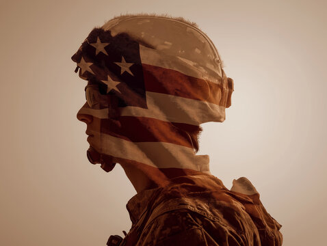 Patriotism captured in double exposure merging American flag with a soldier's silhouette Generative AI