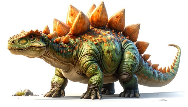 A friendly Stegosaurus is rendered in a vibrant, cartoonish style, set against a clean white background