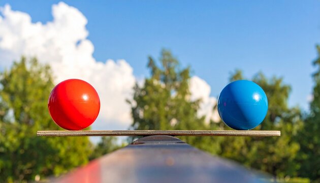 Red ball and blue ball balanced on opposite ends of wooden plank resting on central metal fulcrum, outdoors with green trees and blue sky, symbolizing equilibrium, symmetry, and physical balance.