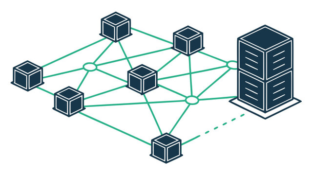 Illustration of a digital network with interconnected nodes and a server unit, representing blockchain technology and distributed data systems