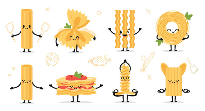 Collection of cute cartoon pasta characters including penne, farfalle, lasagna, and fusilli engaged in various activities like yoga and cooking.