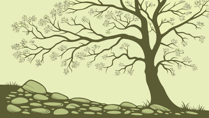 Obraz premium An eco-friendly conceptual vector illustration of a large tree with branches and a stone wall at its base, set against a light background with grassy texture