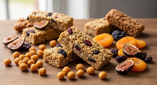 Granola bars healthy snacks and energy food for fitness enthusiasts during workout routines with woman enjoying nutritious breakfast on wooden table Nutrition wellness and balanced diet with organic
