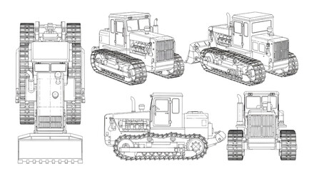 Naklejka premium Crawler Tractor AutoCAD Blueprint Vector – Tracked Bulldozer Industrial Machine Multi-View Technical Drawing Black Outline Isolated on White