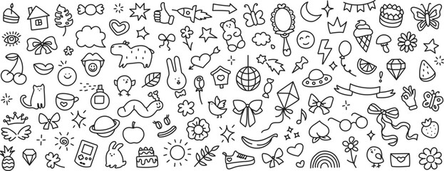 Obraz premium Children hand drawn doodles background. Big set of ink drawing with kids style. Sun, stars, flares, animals, rainbow, butterfly, flower, bird. Vector illustration isolated on white background. 