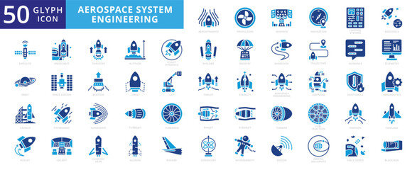 aerospace system engineering icon set with aerodynamic, propulsion, avionics, navigation, control system, aerospace, satellite, orbit, launch, space debris © Iconjam