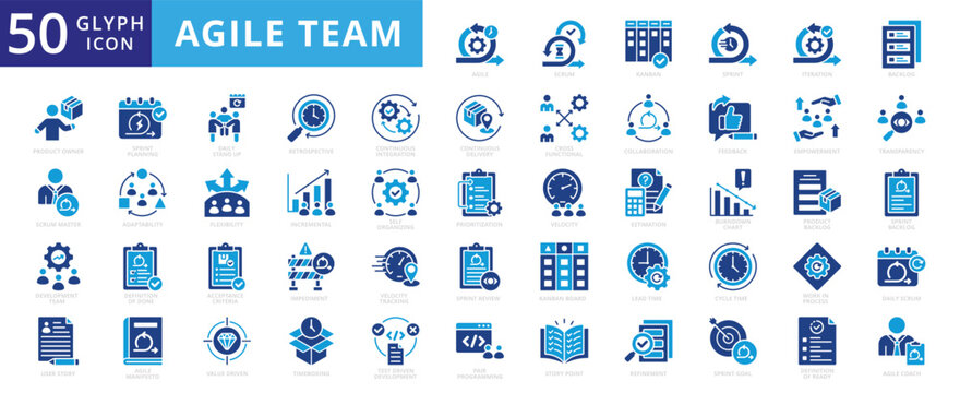 agile team icon set with scrum, methodology, kanban, iteration, process, workflow, flowchart, user story, definition of done, daily stand up, self organizing, definition of ready, pair programming