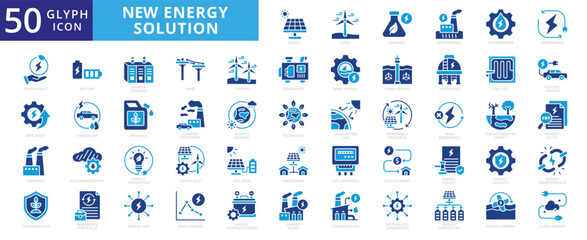 New energy solution icon set with solar, energy, wind, biomass, geothermal, hydropower, renewable, sustainable, efficiency, wave, eolic, battery, storage, grid, turbine, hydrogen, and generator © Iconjam