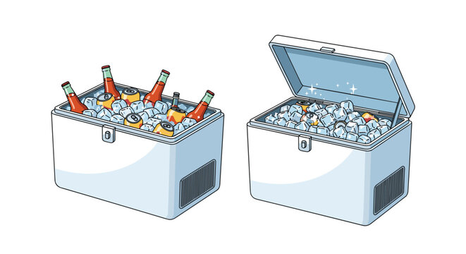 Two portable blue coolers filled with ice cubes, beer bottles, and soda cans for an outdoor picnic or summer party.