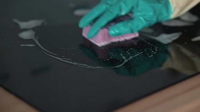 A person cleans a glass surface using a sponge and cleaning solution. The action showcases the process of removing dirt and grime from a modern kitchen area