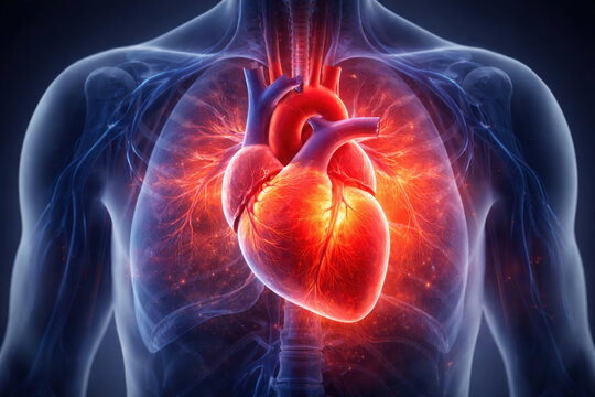 Human heart anatomy glowing inside chest, medical 3D illustration of cardiovascular system