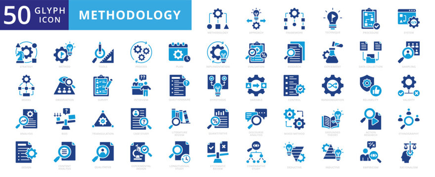 Methodology icon set with approach, framework, procedure, strategy, model, analysis, design, tools, process, plan, implementation, evaluation, research, experiment, data collection, study and survey