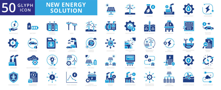 New energy solution icon set with solar, energy, wind, biomass, geothermal, hydropower, renewable, sustainable, efficiency, wave, eolic, battery, storage, grid, turbine, hydrogen, and generator