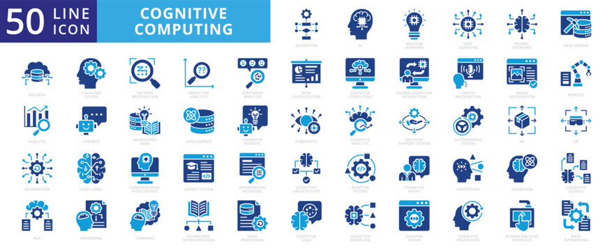 Cognitive computing icon set flat vector collection. Containing algorithm, ai, machine learning, deep learning, neural network icons.