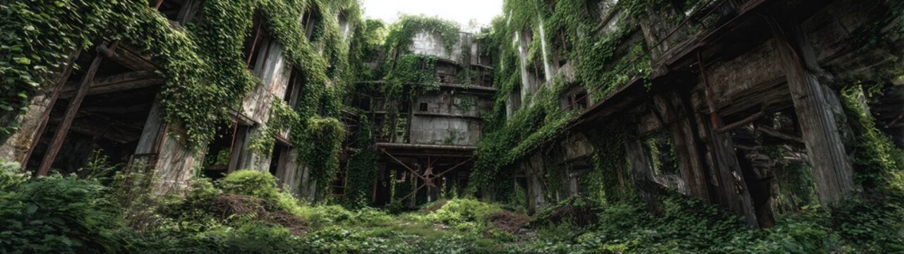 Abandoned building overgrown with vegetation surreal post apocalyptic scene