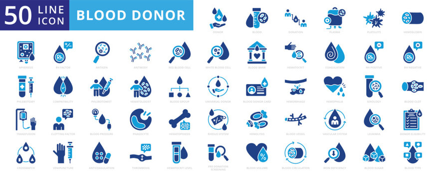 Blood donor icon set with blood, donation, plasma, platelets, hemoglobin, apheresis, phlebotomy, transfusion and crossmatch.