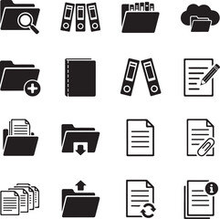 Documents and folders black and white glyph icons set.