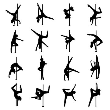 Silhouettes of people performing pole dancing moves in various poses and twists
