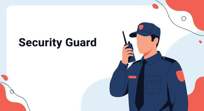 Professional security guard in uniform using a walkie talkie to communicate for safety and surveillance duties.
