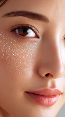 Fototapeta premium Beautiful close up of young woman with smooth skin and digital skincare pattern glowing softly on her cheek