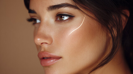 Fototapeta premium Beautiful latina woman close up three quarter portrait subtle natural makeup glowing skin soft light warm tone