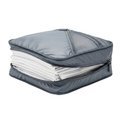 Gray packing cube with folded white sheets