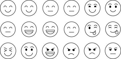 Vector icon set of outline emoji faces featuring happy sad angry surprised laughing and neutral expressions for social media communication user feedback and digital interfaces.