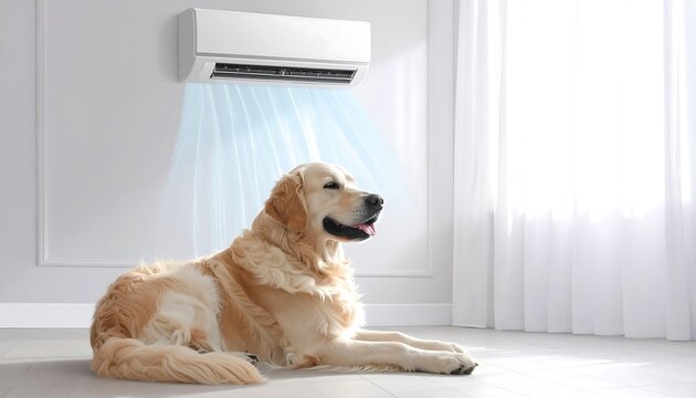 A golden retriever enjoys cool air blowing from an air conditioner, lying on the floor in a bright, modern room near a sheer curtain