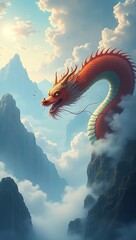 Ancient Chinese dragon deity controlling rain and clouds in the sky above mountains, mystical mythology inspired fantasy artwork with glowing atmosphere.