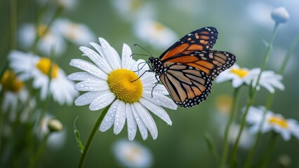 Fototapeta premium Monarch butterfly on a dew-kissed daisy in a field of flowers. Gentle focus on nature and delicate beauty of flora. Delicate monarch butterfly resting on a wet daisy in a meadow