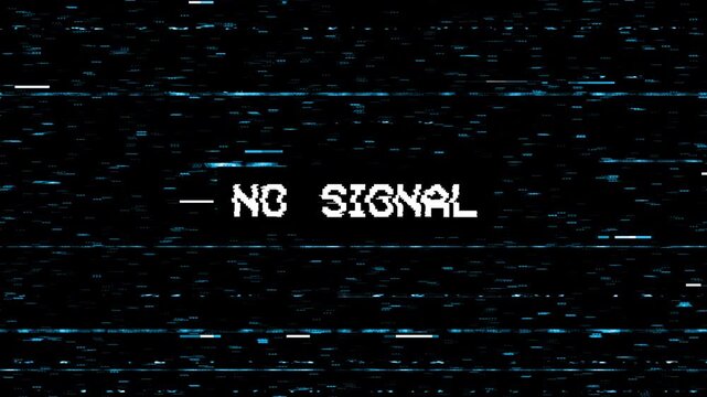 No signal text animation on analog glitch background with VHS distortion and static noise