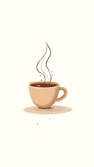 Simple hand drawn doodle illustration of a steaming coffee cup with thick sketch outline and flat warm colors, cozy minimal design isolated on white background.