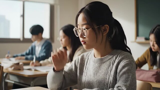Young Asian female student in a classroom. Thoughtful student writing at a desk, then observing her surroundings. Education and learning concept